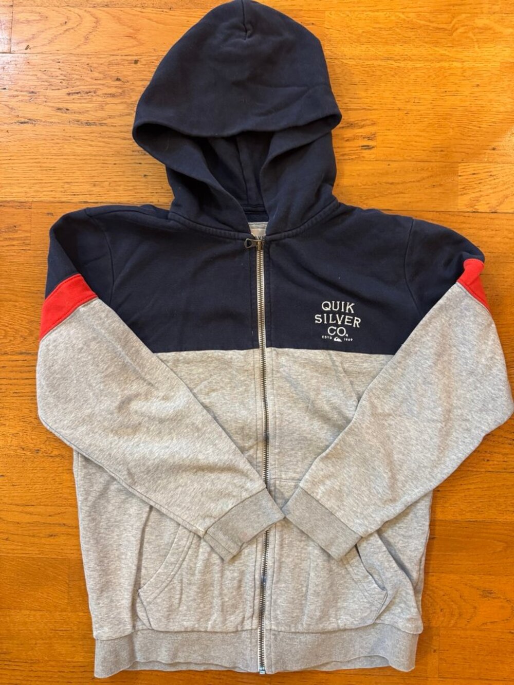 Quiksilver Boys M 12 Navy Grey Red Colourblock Zip-Up Hoodie